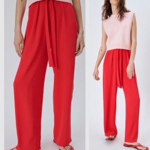 Zara High-Waist Wide Leg Flowy Trouser Pants Bright Red Tie Front Size Small NWT